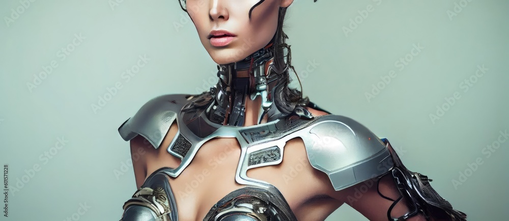 Poster female warrior robot artificial intelligence backdrop with copy space generative ai