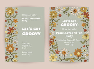 Templates with funny dancing daisy flowers for groovy party, birthday invitation, flyer, retro poster. Space for text. Vector illustration.