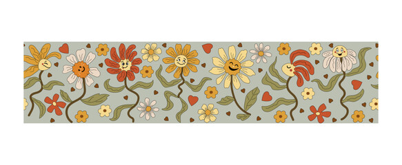 Seamless border with funny dancing daisy flowers. Groovy and retro vibes. Vector illustration.