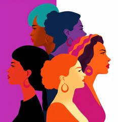 Women's beauty. Three different female faces, in profile using a square, vector style illustration. Bright bold colours. Diverse ethnicities and designs.