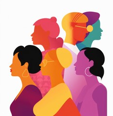 Women's beauty, white background isolated illustration. Beautiful female faces in profile, using a flat, vector style illustration. Bright bold colours. Diverse ethnicities and designs.
