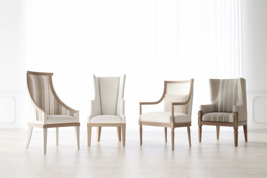 four furniture chairs against white background in white, striped and wood, Generative AI