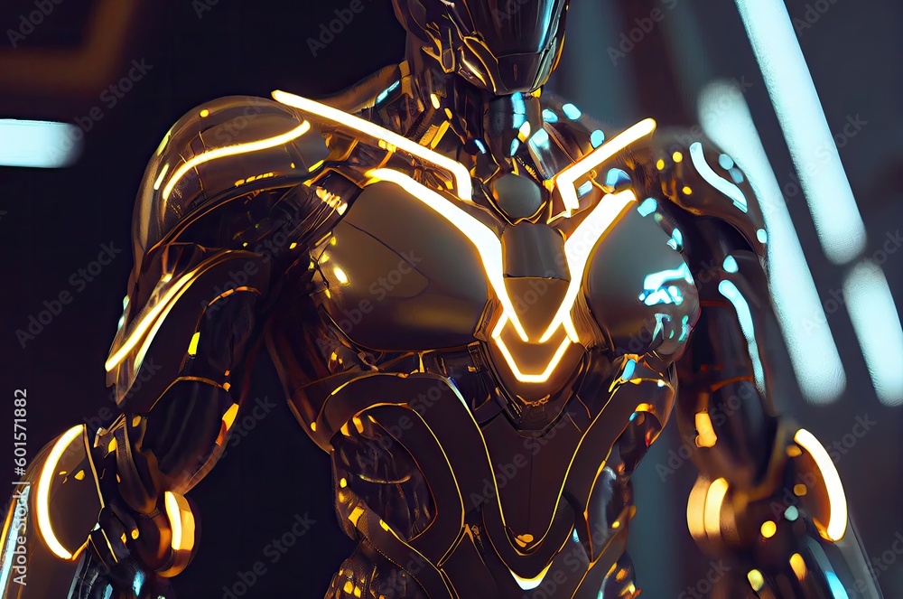 Poster neon powersuit robot background generative ai