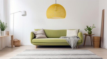 Minimalist living room with sofa and lamp in soft color. generative ai illustration