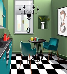 modern interior of the kitchen in green colors with a window, round black table, cups, teapot, clock, classic lamp, abstract picture on the wall and black and white squared floor.