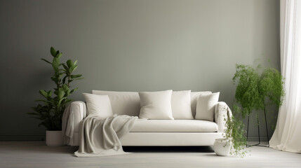 Fototapeta na wymiar Interior of modern and minimalist living room with gray wall and white sofa. Generative ai illustration