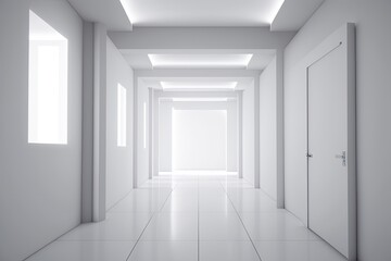 modern studio with no furniture. Light white. Science fiction large hallway with white lighting, background for design in the future,. Generative AI
