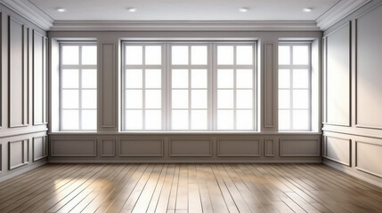 Fototapeta premium Empty room with wooden walls and wooden floor. Generative ai illustration