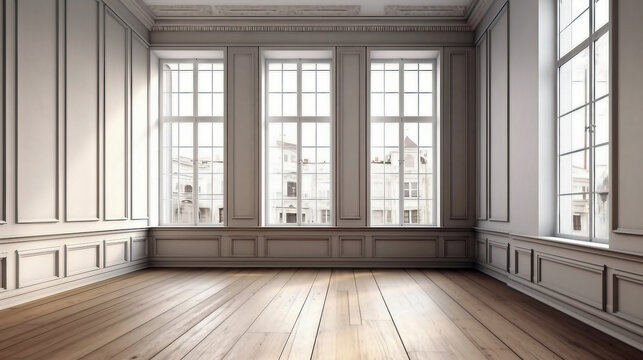 Empty room with wooden walls and wooden floor. Generative ai illustration