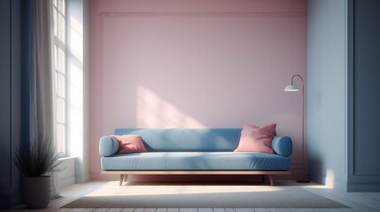 Modern living room with pink sofa and lamp. Generative ai illustration mock-up