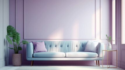 Minimalist living room with pink sofa and plants. Generative ai illustration mock-up