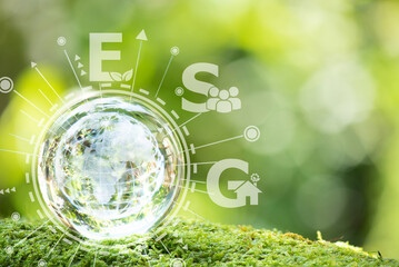 ESG text on crystal globe placed on natural bokeh background and icon. - obrazy, fototapety, plakaty
