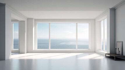 Empty room with sea view and big windows. Generative ai illustration