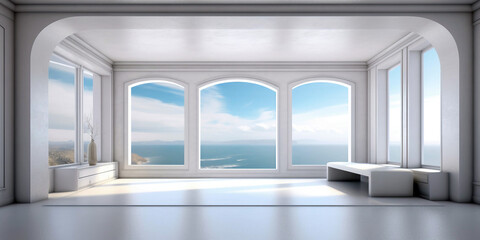 Empty room with sea view and arch windows. Generative ai illustration