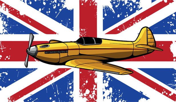 vector illustration of fighter airplane with uk flag in background