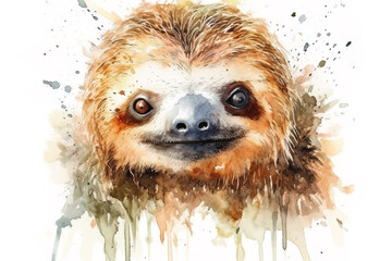 Watercolor painting of a sloth on a white background. Wildlife Animals. Illustration, generative AI. - obrazy, fototapety, plakaty