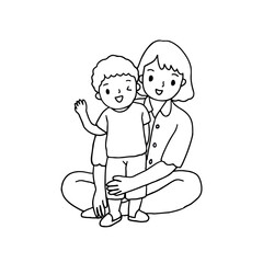 Mom hug her son, outline drawing style vector