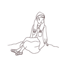 cute girl sitting on the ground, outline drawing vector