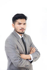 business woman hold a tablet on white background