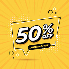 Yellow banner 50% discount for promotions and offers