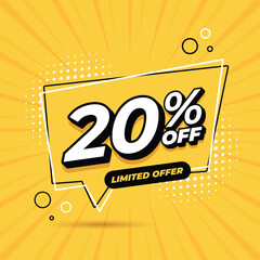 Yellow banner 20% discount for promotions and offers
