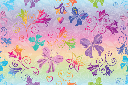 Vector colorful seamless pattern with flying butterflies and flowers on a pastel rainbow background
