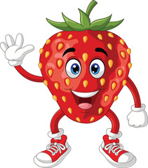 Cute strawberry cartoon waving hand
