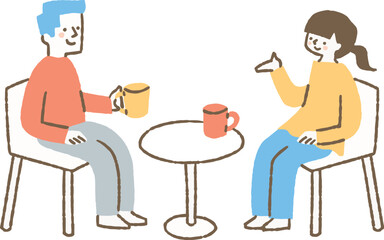 カフェで会話している男女二人_色