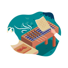 cooking satay during Eid al-Adha