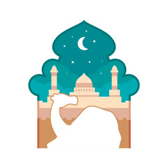 A paper cut illustration of a camel in front of a mosque.