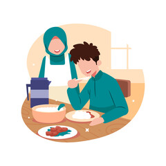 A cartoon of a man eating breakfast with a woman during Eid al-Adha