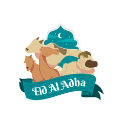 An illustration of animals and a banner that says eid al adha.