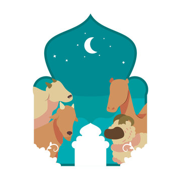A paper cut art of a mosque with a man and two horses.