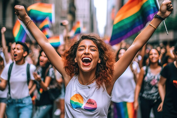woman smiling in the parade with her arms up