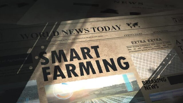 Smart farming as head title in a futuristic interactive magazine newspaper. Breaking news industrial agricultural revolution hypothetical scenario in near future