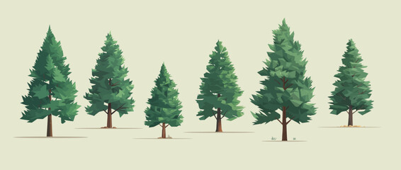 Set of six low-poly style vector pine trees