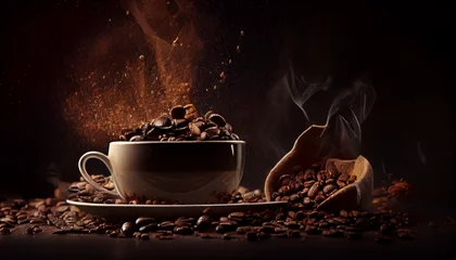 Fotobehang Koffie Fresh roasted coffee beans background with cup of coffee Ai generated image 