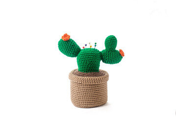 pincushion in the shape of a cactus in a pot, crocheted, on a white background