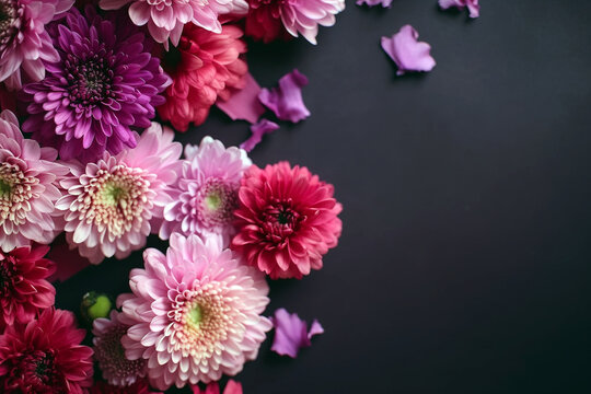 pink and purple flowers on a black background
