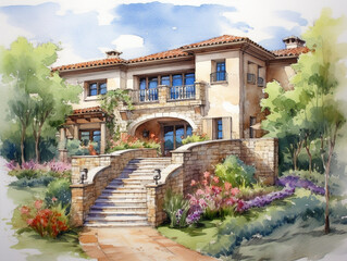 Fototapeta na wymiar A Watercolor of a Beautiful Home with a Mediterranean Architecture Design | Generative AI