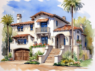 Fototapeta na wymiar A Watercolor of a Beautiful Home with a Spanish Colonial Architecture Design | Generative AI