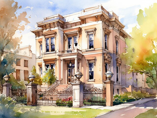 Fototapeta na wymiar A Watercolor of a Beautiful Home with an Italianate Architecture Design | Generative AI