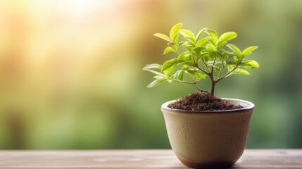 Small plant in a pot with a blurred green garden in the background. Generative AI.