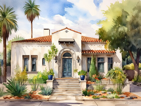 A Watercolor of a Beautiful Home with a Mission Revival Architecture Design | Generative AI