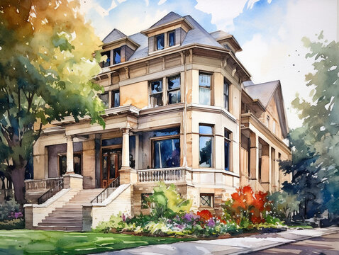 A Watercolor of a Beautiful Home with a Second Empire Architecture Design | Generative AI