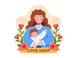 Illustration for Mother's Day with A mother joyfully embracing her child, surrounded by lovely floral elements.
Ideal for Mother's Day greeting cards, postcards, web, social media posts, etc.