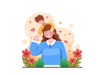 Illustration Mother's Day with A happy mother carrying her child on her shoulders, surrounded by colorful floral elements in the background.
Perfect for Mother's Day greeting cards, postcards, etc.