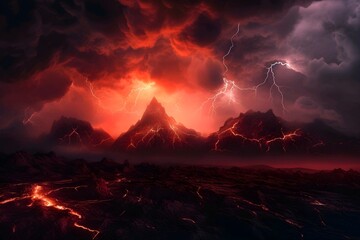 Red stromy sky with dark clouds and red lighting  - obrazy, fototapety, plakaty