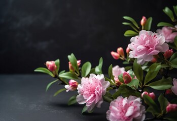 pink flowers with green leaves on a gray background, in the style of minimalistic