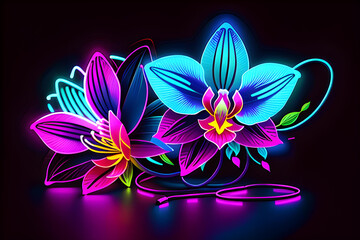 Neon glowing outlined illustration of colorful flower.